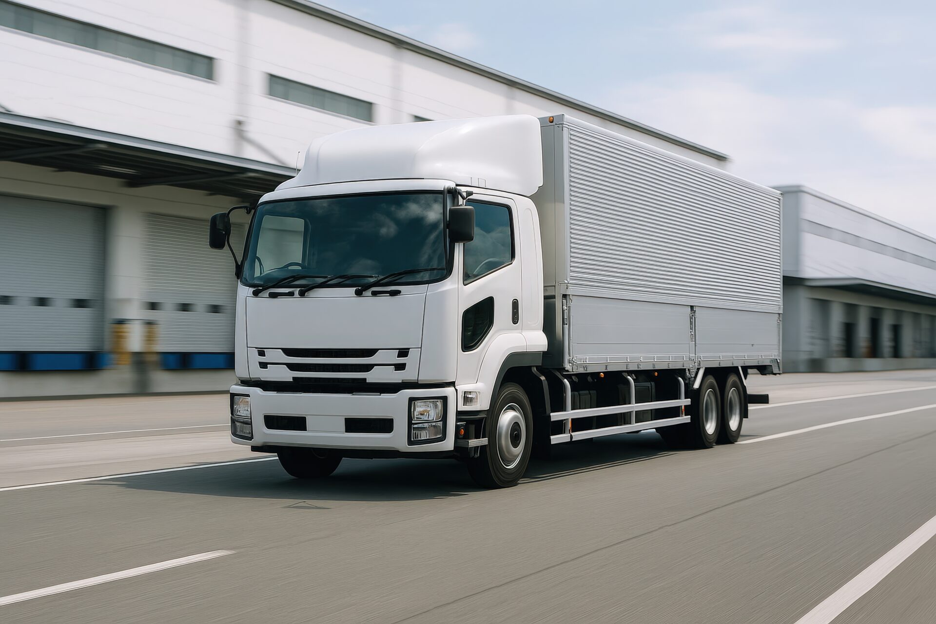 配送センター付近を走る白い貨物トラック