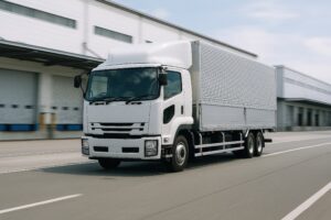 配送センター付近を走る白い貨物トラック