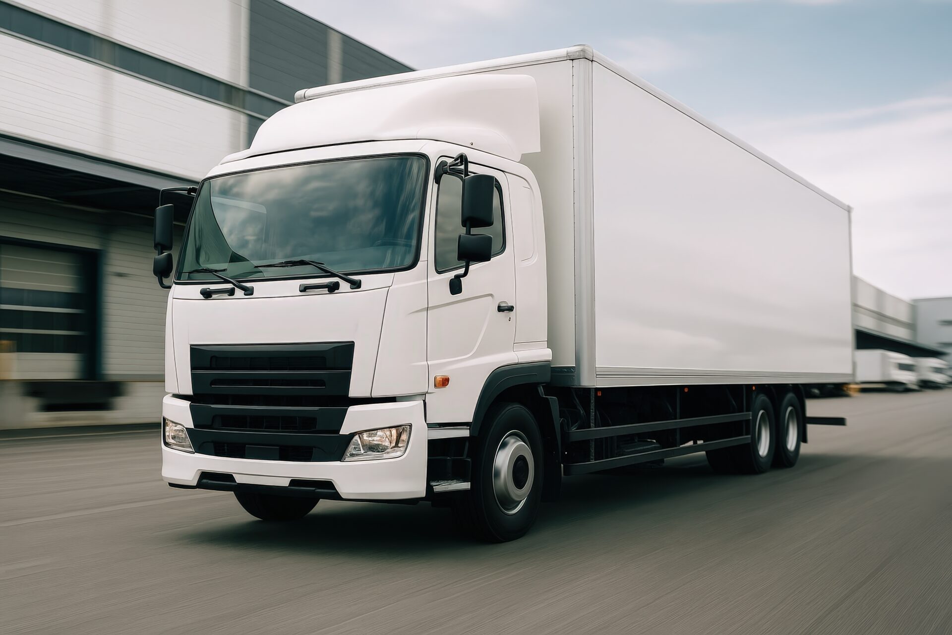 工業団地で稼働する白い大型トラック