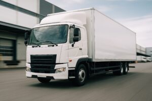 工業団地で稼働する白い大型トラック