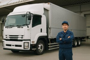 トラックの前で腕を組む作業服の男性ドライバー