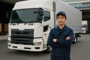 倉庫前に停車したトラックと腕を組むドライバー