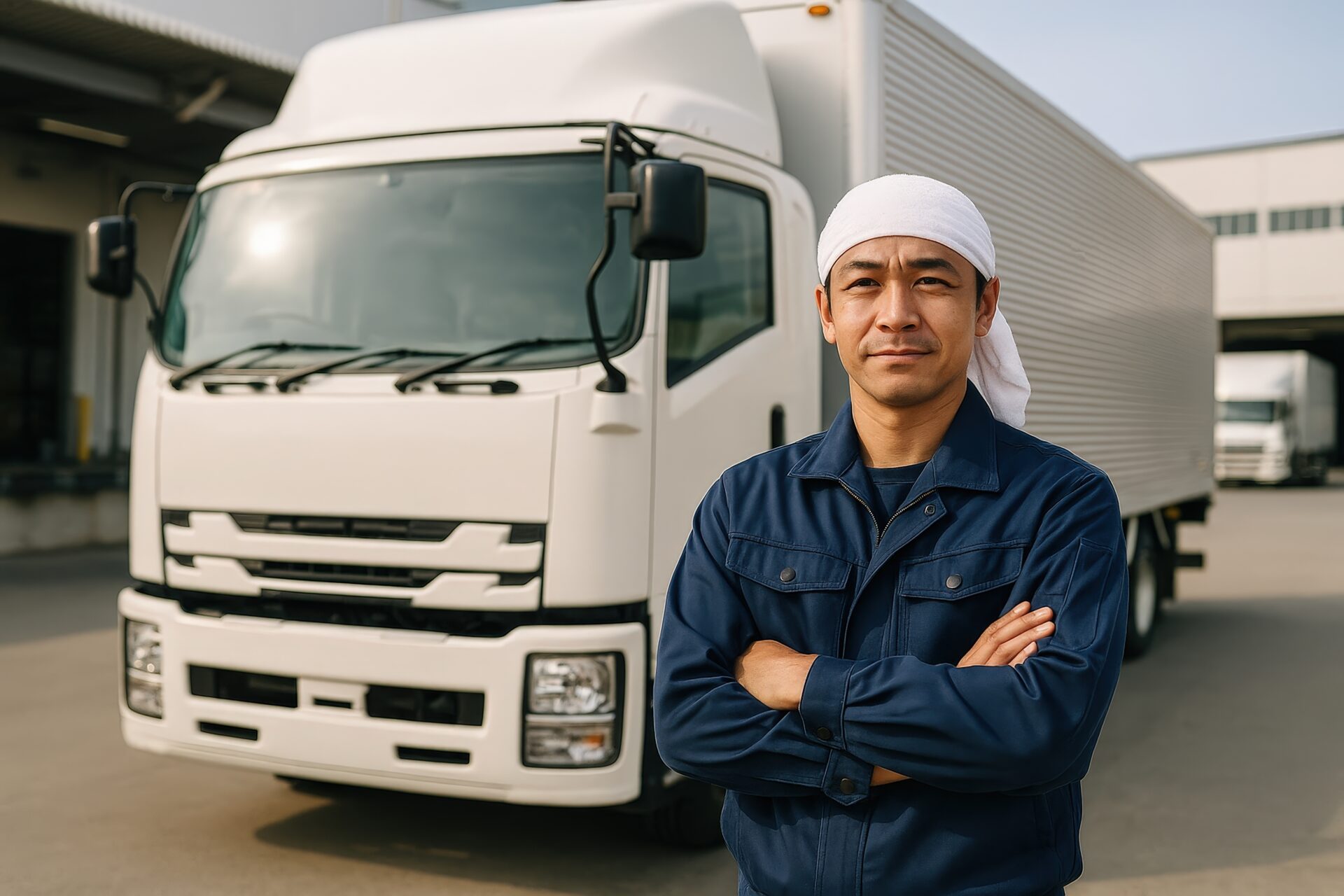 配送センターでポーズを取るトラックドライバー