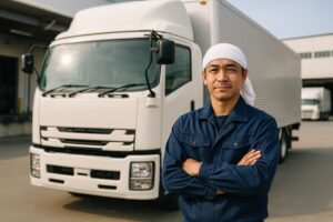 配送センターでポーズを取るトラックドライバー
