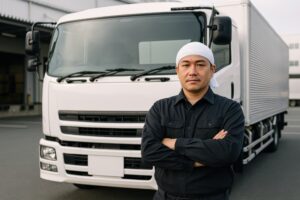 白いトラックの前に立つベテランドライバー