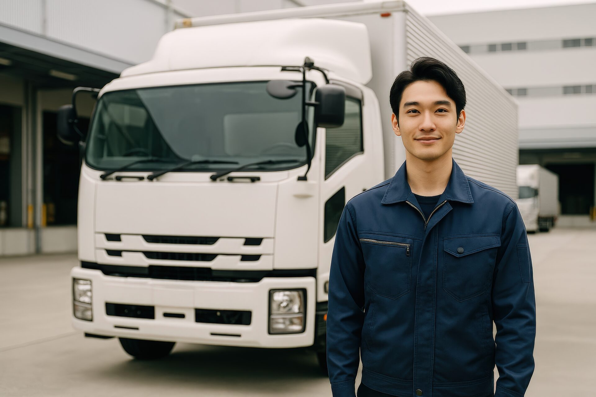 配送トラックの前で微笑む若い男性作業員