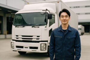 配送トラックの前で微笑む若い男性作業員