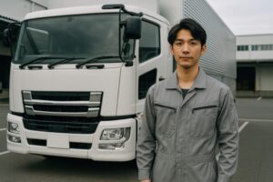 物流施設の前に立つ作業服のドライバー