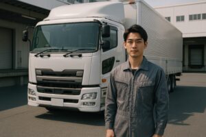大型トラックを背景に立つ真剣な表情のドライバー