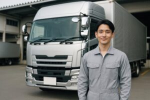 物流センター前で微笑む若手トラックドライバー