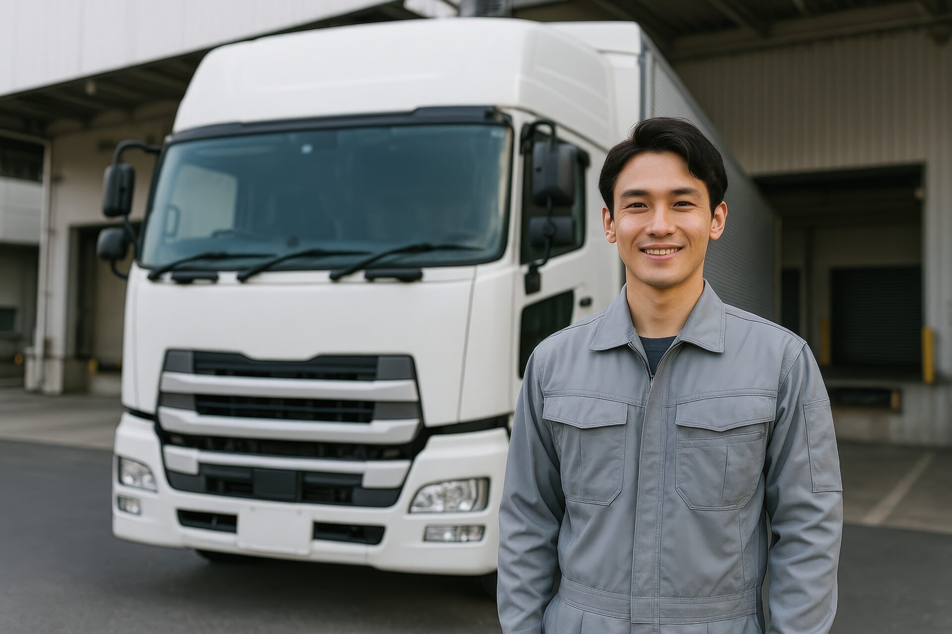 物流センターで笑顔を見せる若手トラックドライバー