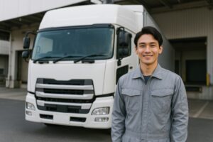 物流センターで笑顔を見せる若手トラックドライバー
