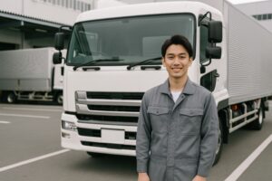 トラックの前で微笑む作業服の若い男性