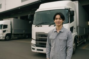 倉庫前でにこやかに立つトラックドライバー