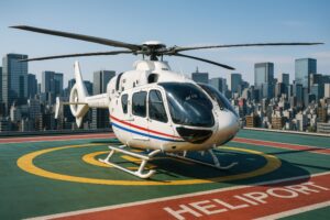 高層ビル群を背景にヘリポートに駐機する白いヘリコプター