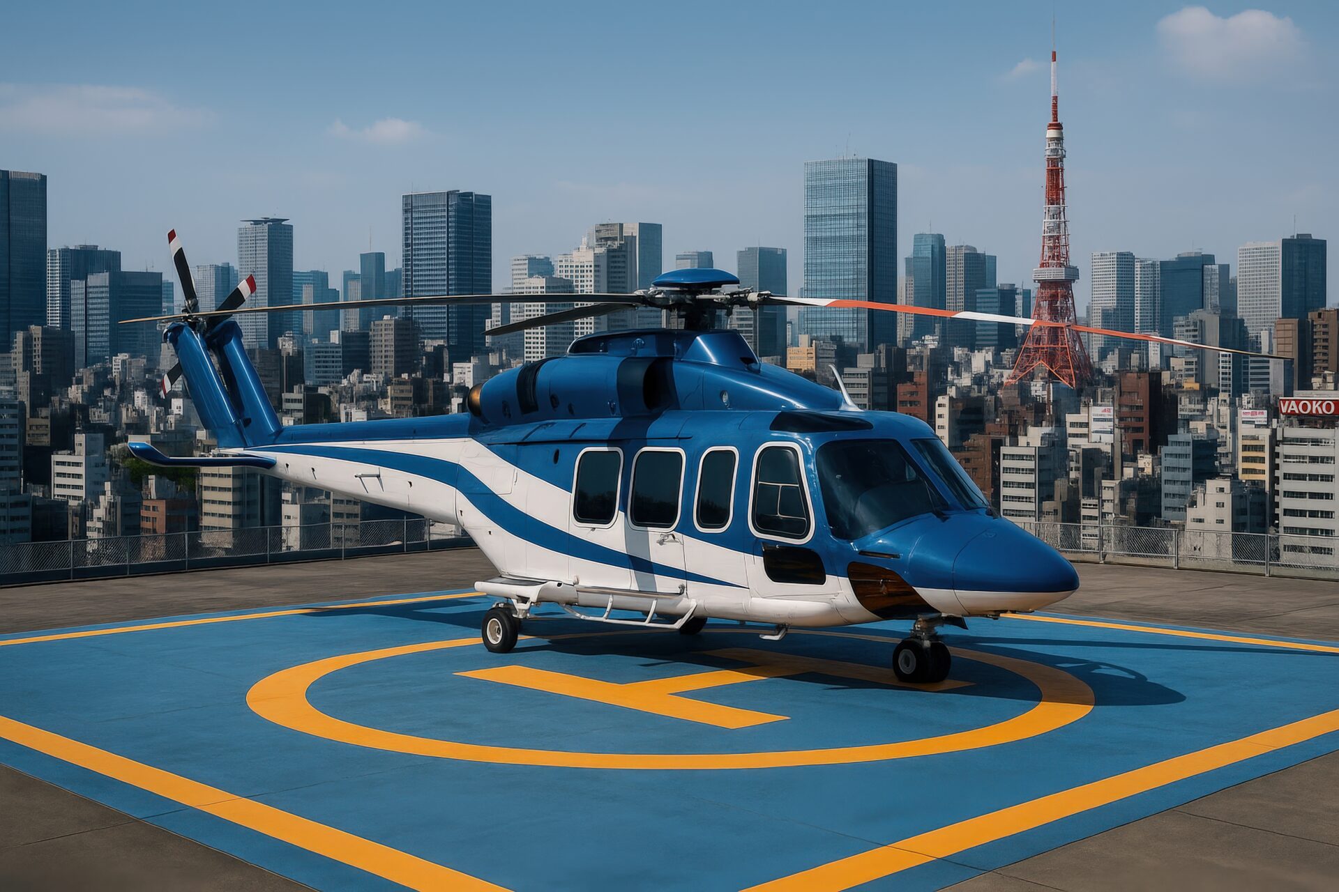 東京タワーと高層ビル群を背景に青いヘリコプターがヘリポートに駐機