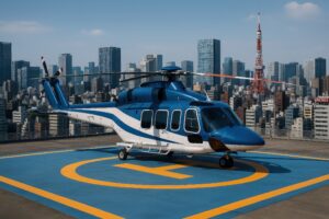 東京タワーと高層ビル群を背景に青いヘリコプターがヘリポートに駐機
