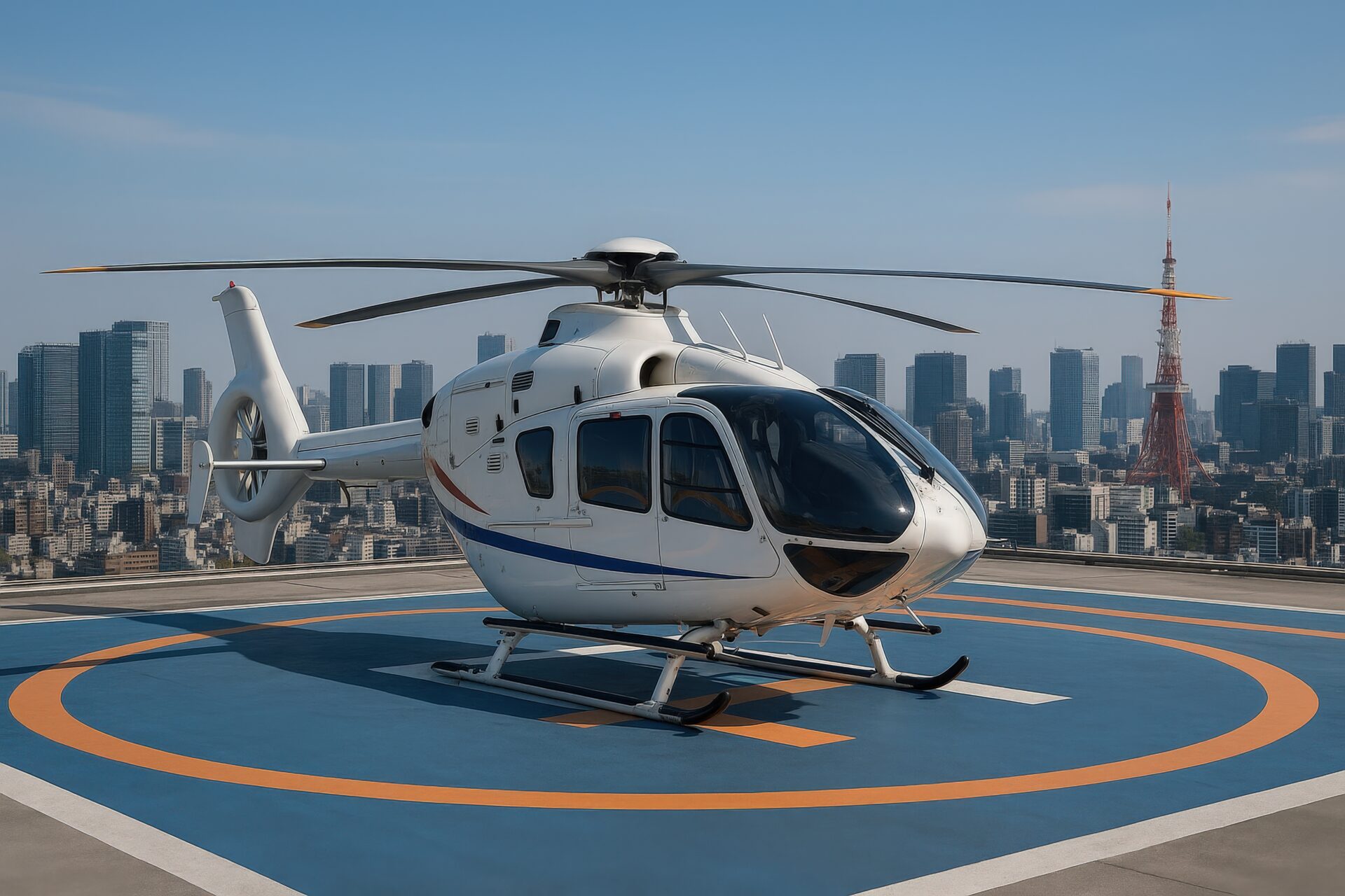東京の都市風景を背に白いヘリコプターが屋上ヘリポートに停機