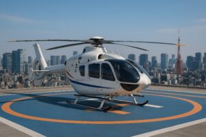 東京の都市風景を背に白いヘリコプターが屋上ヘリポートに停機