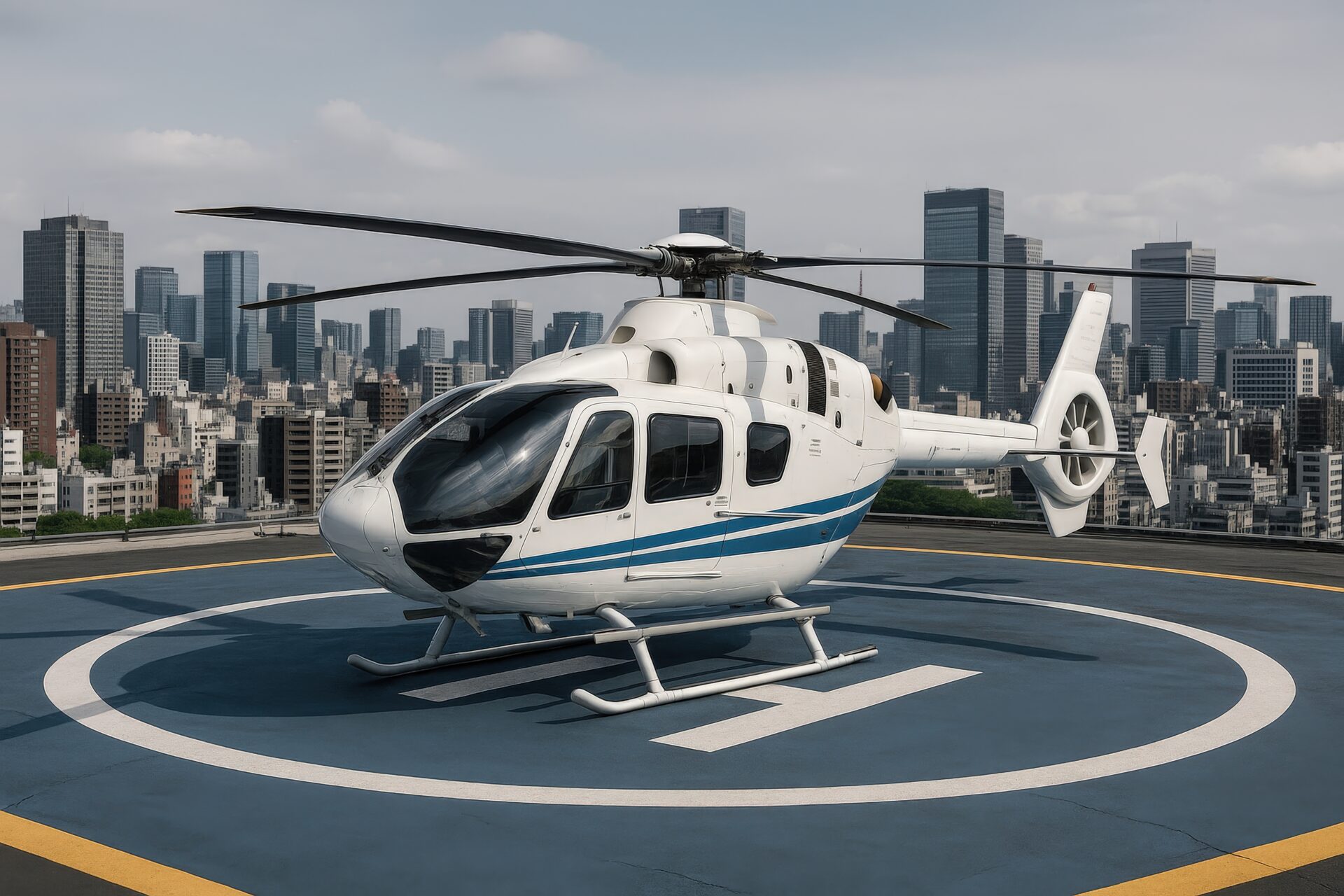 曇り空の下で都市上空のヘリポートに駐機する白いヘリコプター