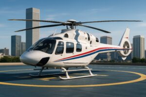 近代的なビル群を背景に駐機する白いヘリコプター