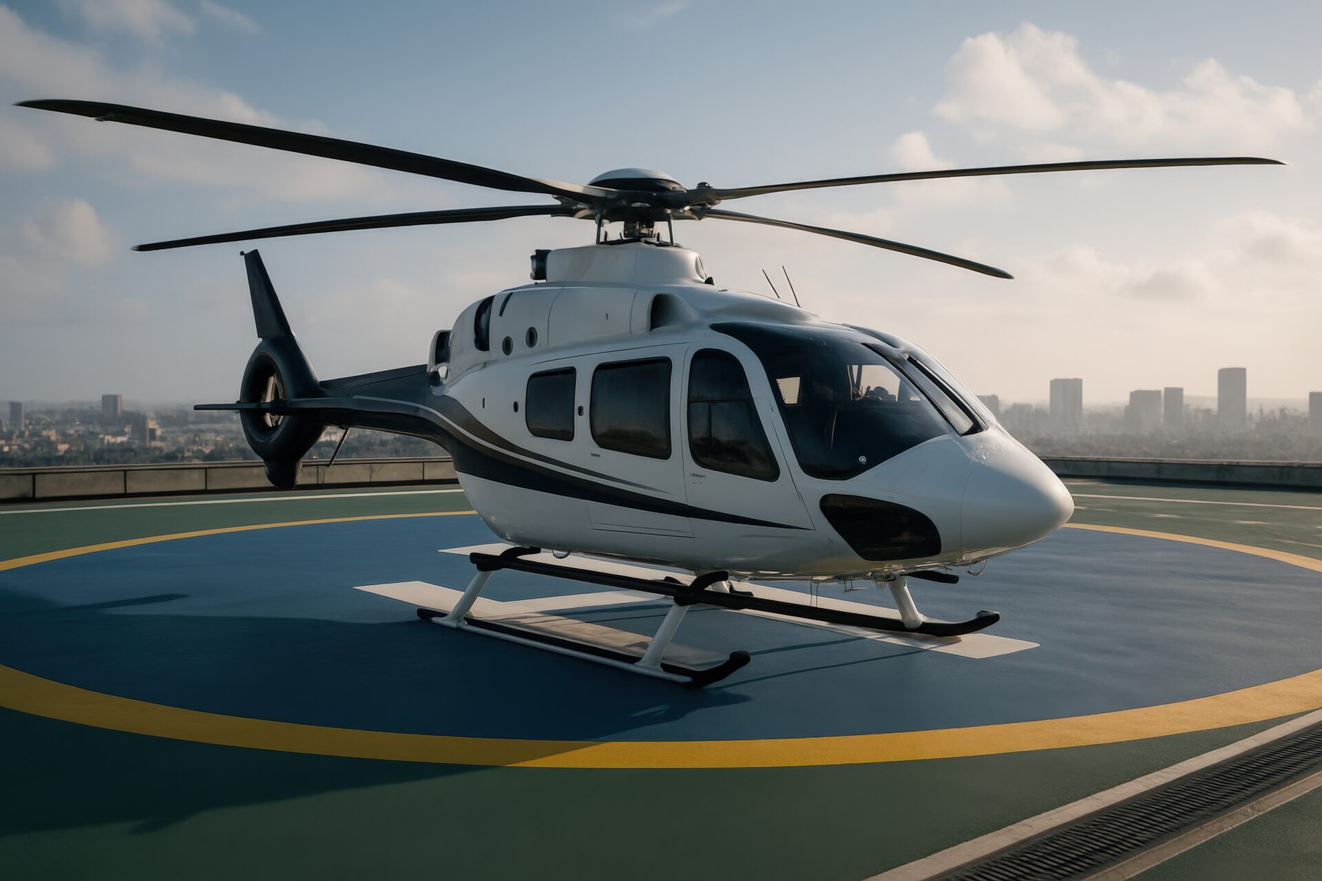 夕方のヘリポートに停機する白黒のヘリコプター