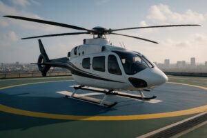 夕方のヘリポートに停機する白黒のヘリコプター