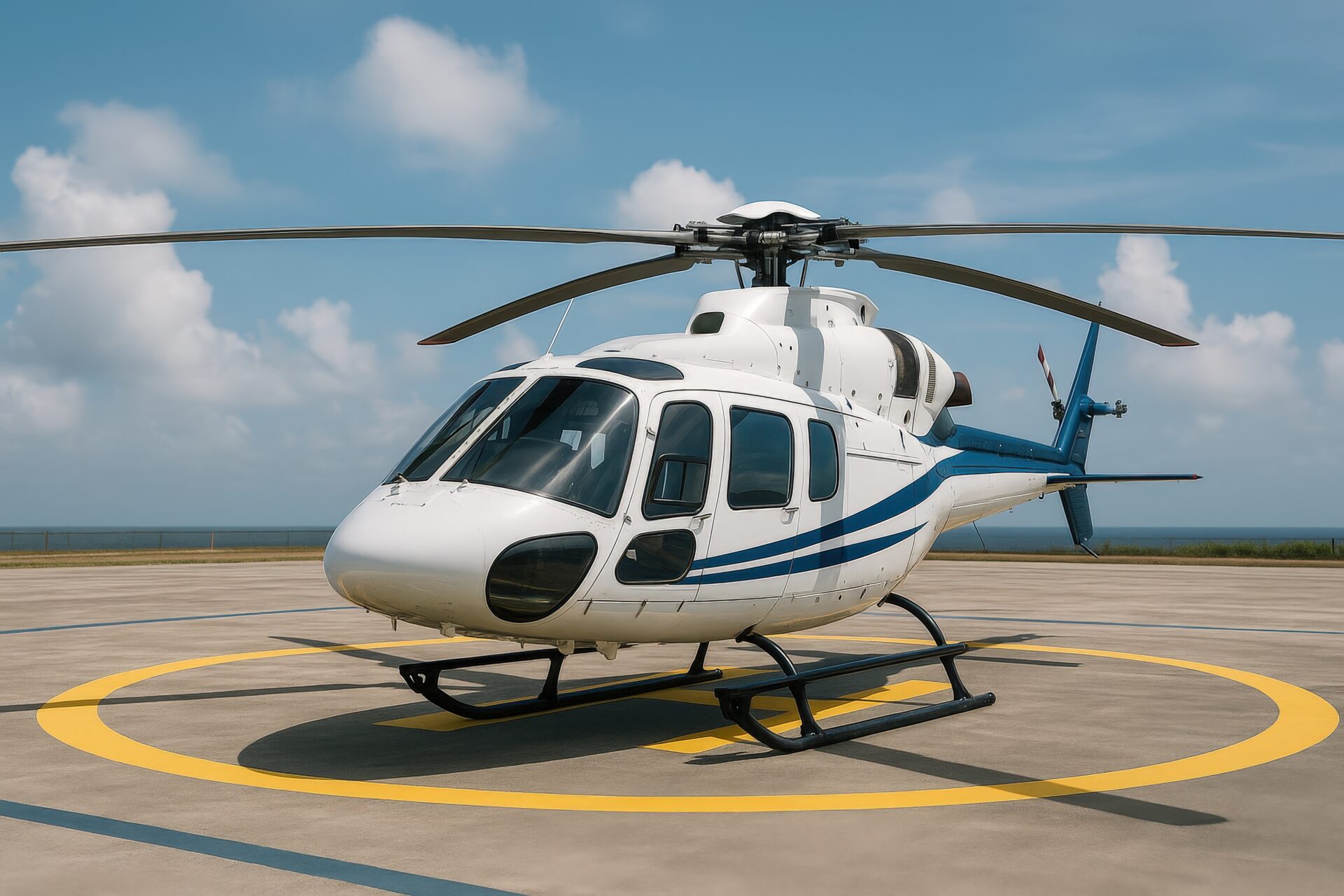 海辺のヘリポートに駐機する白と青のヘリコプター