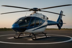 夕暮れ時の滑走路に停機する青いヘリコプター