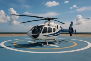 海を背景にヘリポートに駐機する青と白のヘリコプター