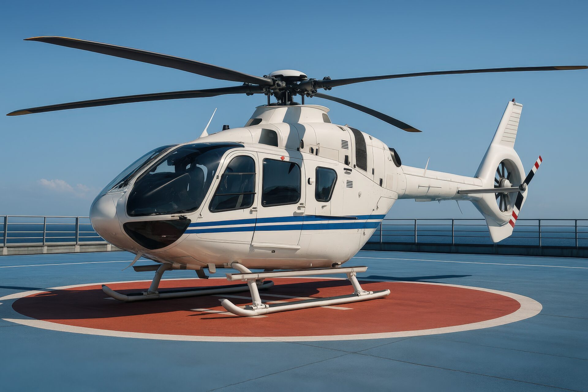 青空の下、赤い円形ヘリポートに停機する白いヘリコプター