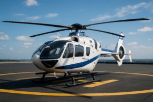 快晴の屋上ヘリポートに駐機する白と青のヘリコプター