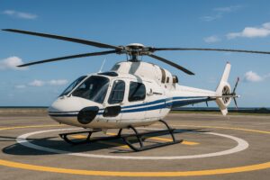 海辺のヘリポートに停機するスキッド付き白いヘリコプター