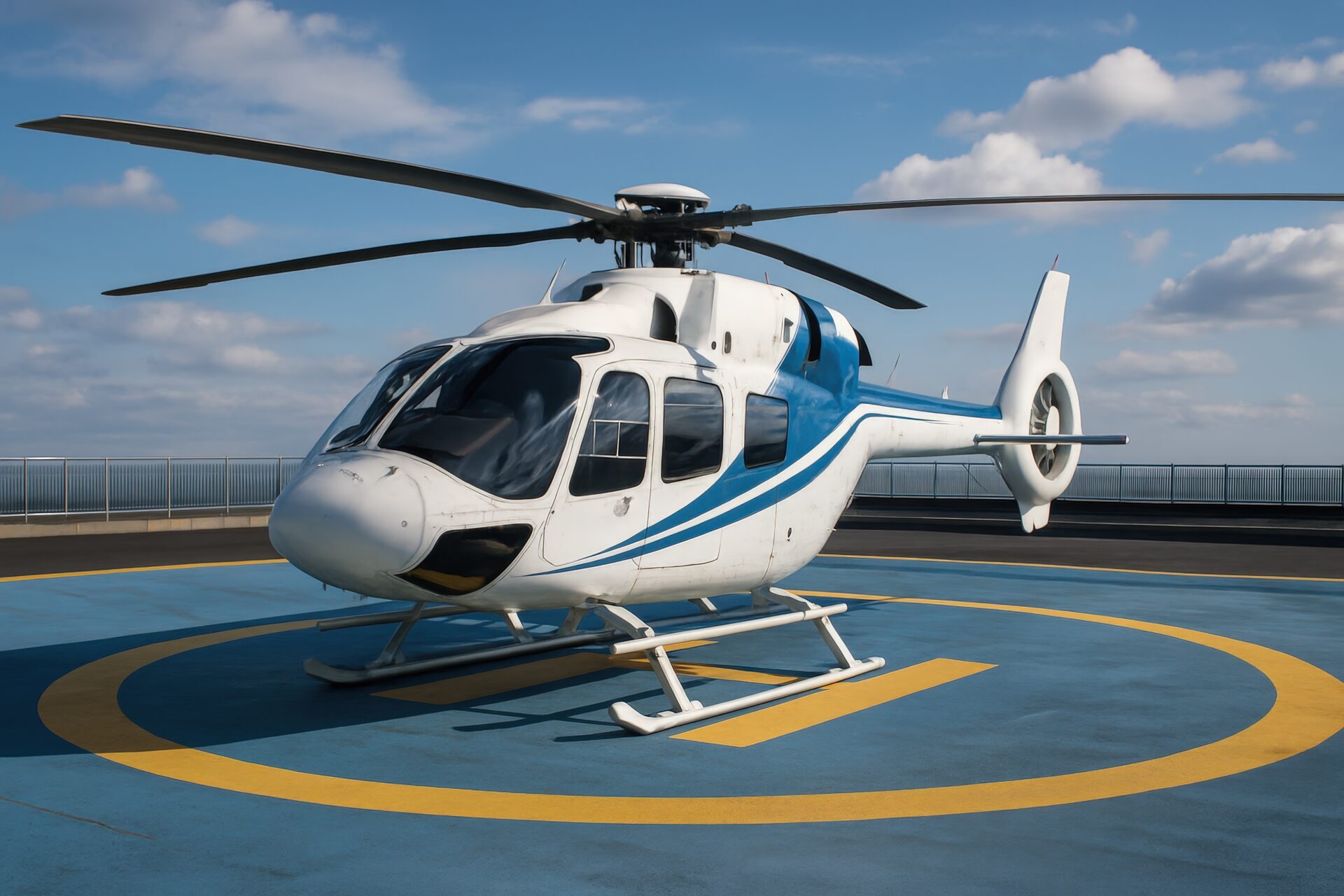 金属フェンスに囲まれた屋上ヘリポートに駐機する青と白のヘリコプター