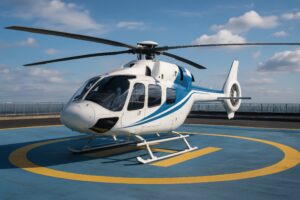 金属フェンスに囲まれた屋上ヘリポートに駐機する青と白のヘリコプター