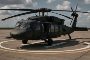 滑走路に駐機する黒い軍用ヘリコプター