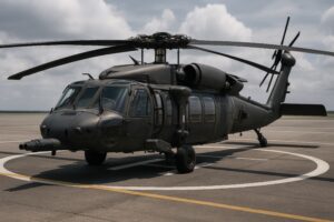 曇り空の滑走路に停機する黒い軍用ヘリコプター