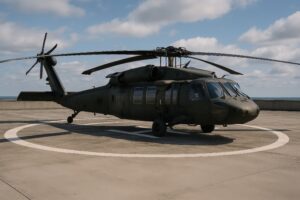 海沿いのヘリポートに駐機する軍用ヘリコプター