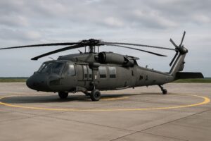 草原を背景に駐機するブラックホーク型軍用ヘリコプター