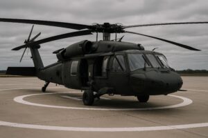 曇天の滑走路に駐機する黒い軍用ヘリコプター
