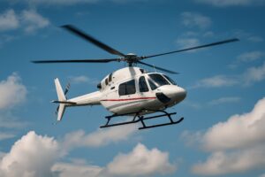 青空の下を飛行する白いヘリコプター