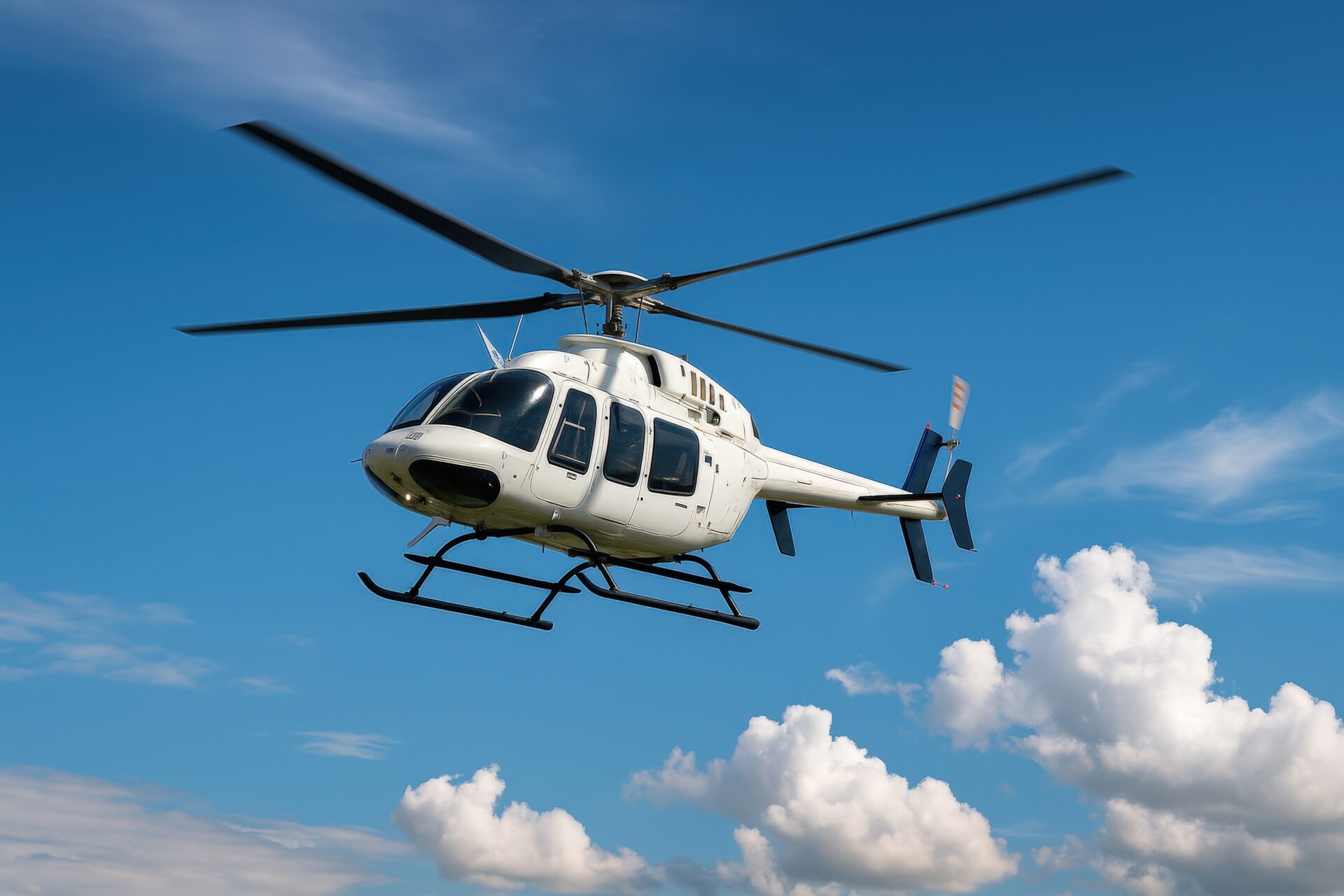 雲間を飛ぶ白と青のヘリコプター