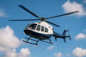 白と青のツートンヘリコプターが飛行中