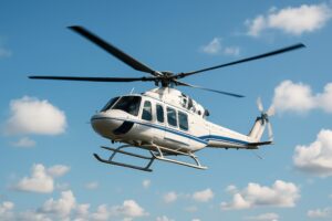 青空に浮かぶ白と青のヘリコプター