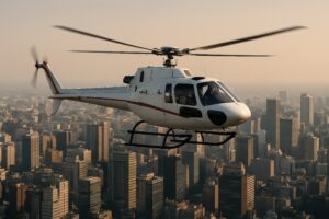 高層ビル群の上空を飛行する白いヘリコプター