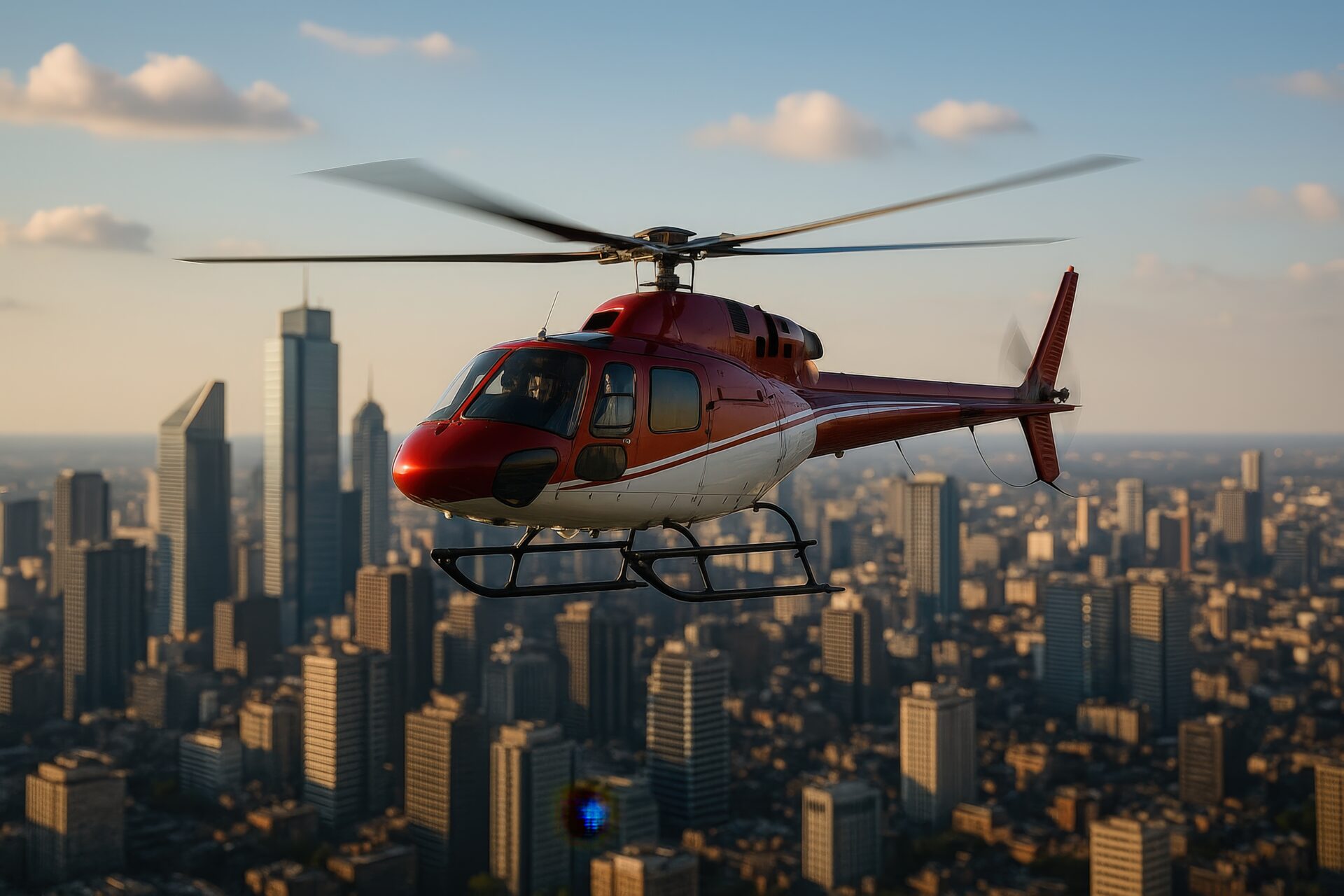 夕暮れの都市上空を飛ぶ赤と白のヘリコプター