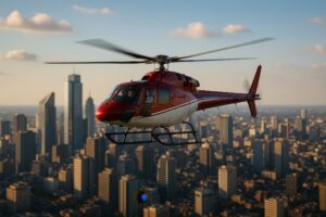 夕暮れの都市上空を飛ぶ赤と白のヘリコプター