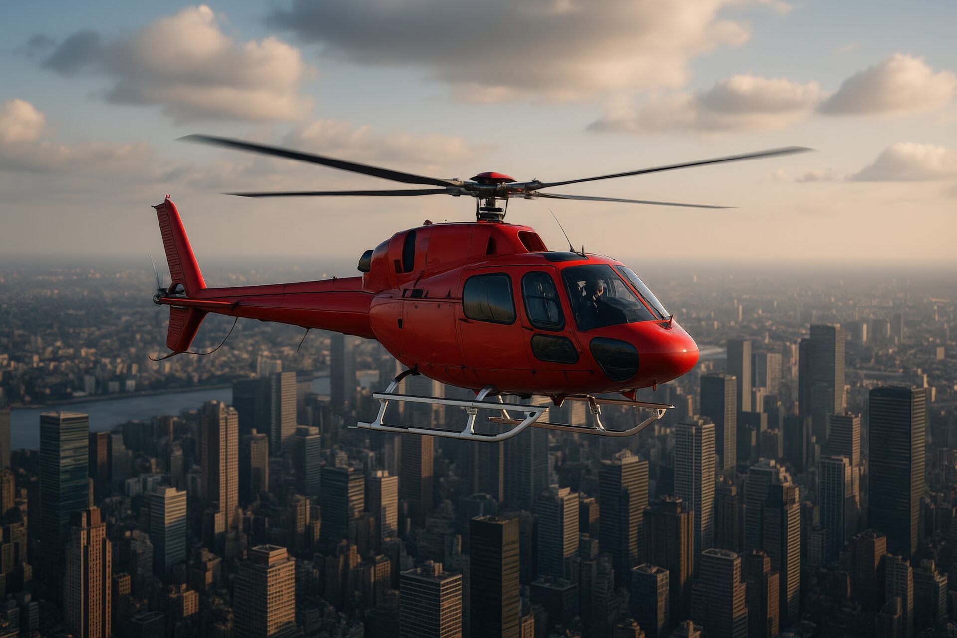夕焼け空の都市上空を飛ぶ赤いヘリコプター