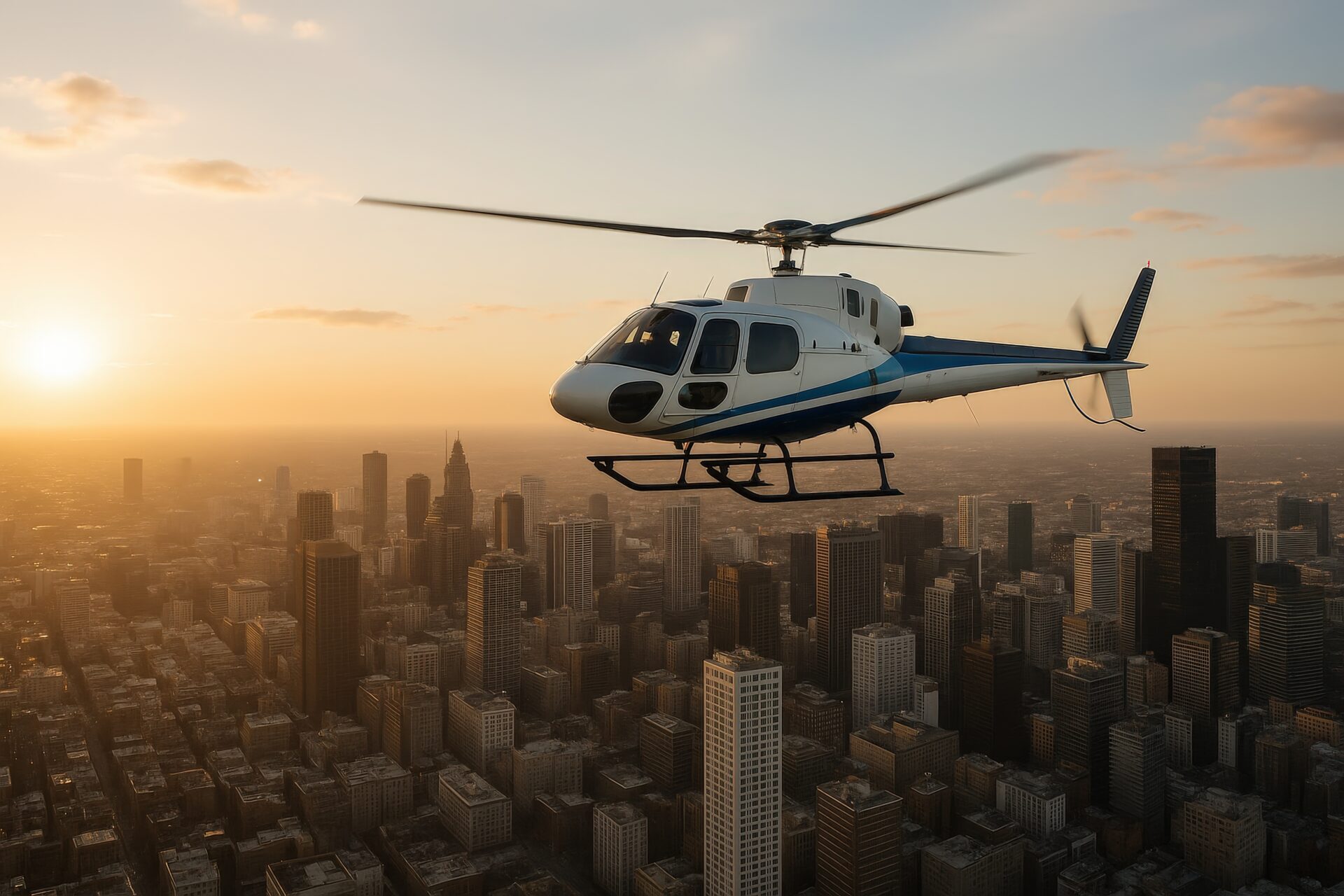 夕日の都市上空を飛行する白と青のヘリコプター