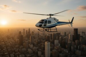 夕日の都市上空を飛行する白と青のヘリコプター